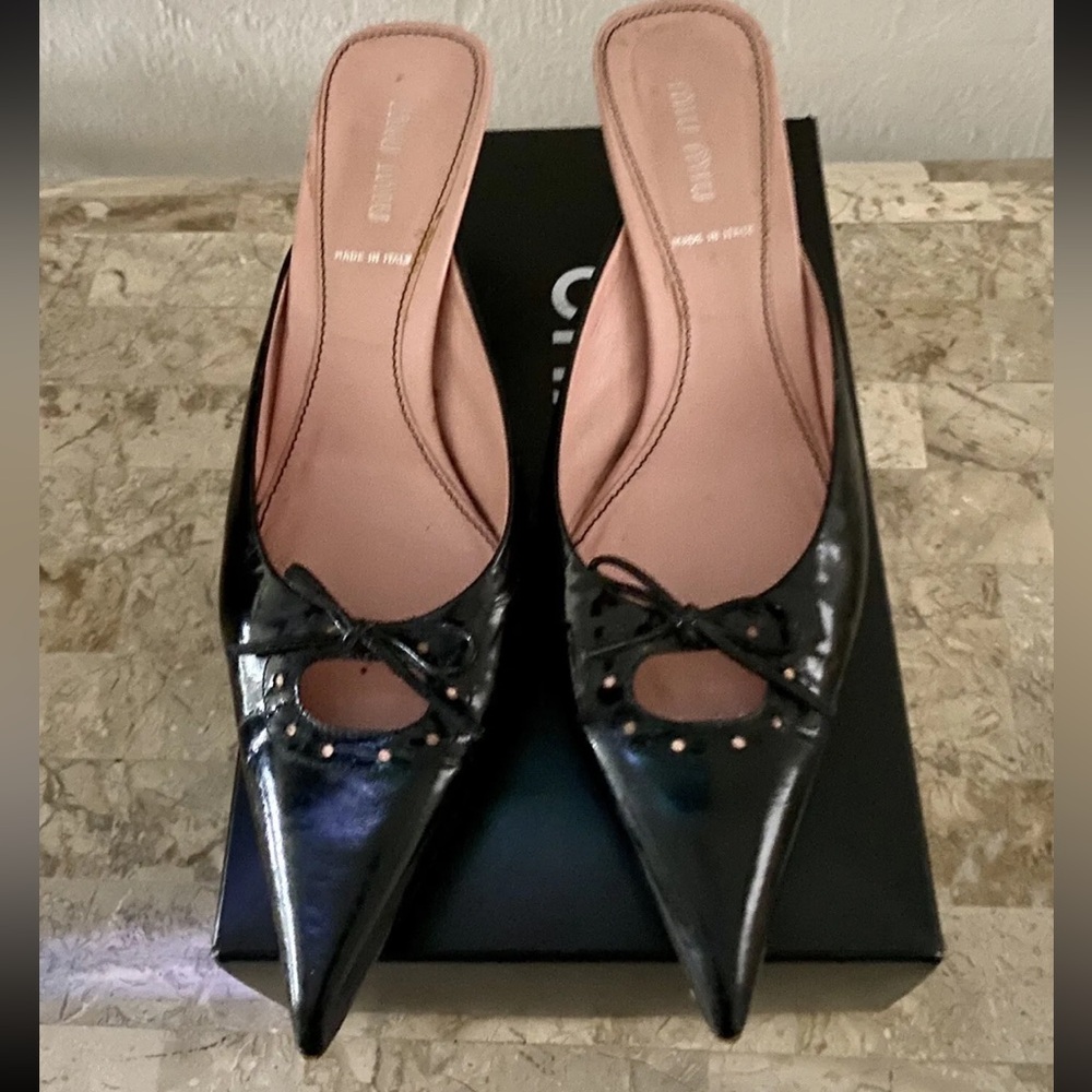 Miu Miu Black Patent Leather Knife Kitten Heel Mules, 37.5